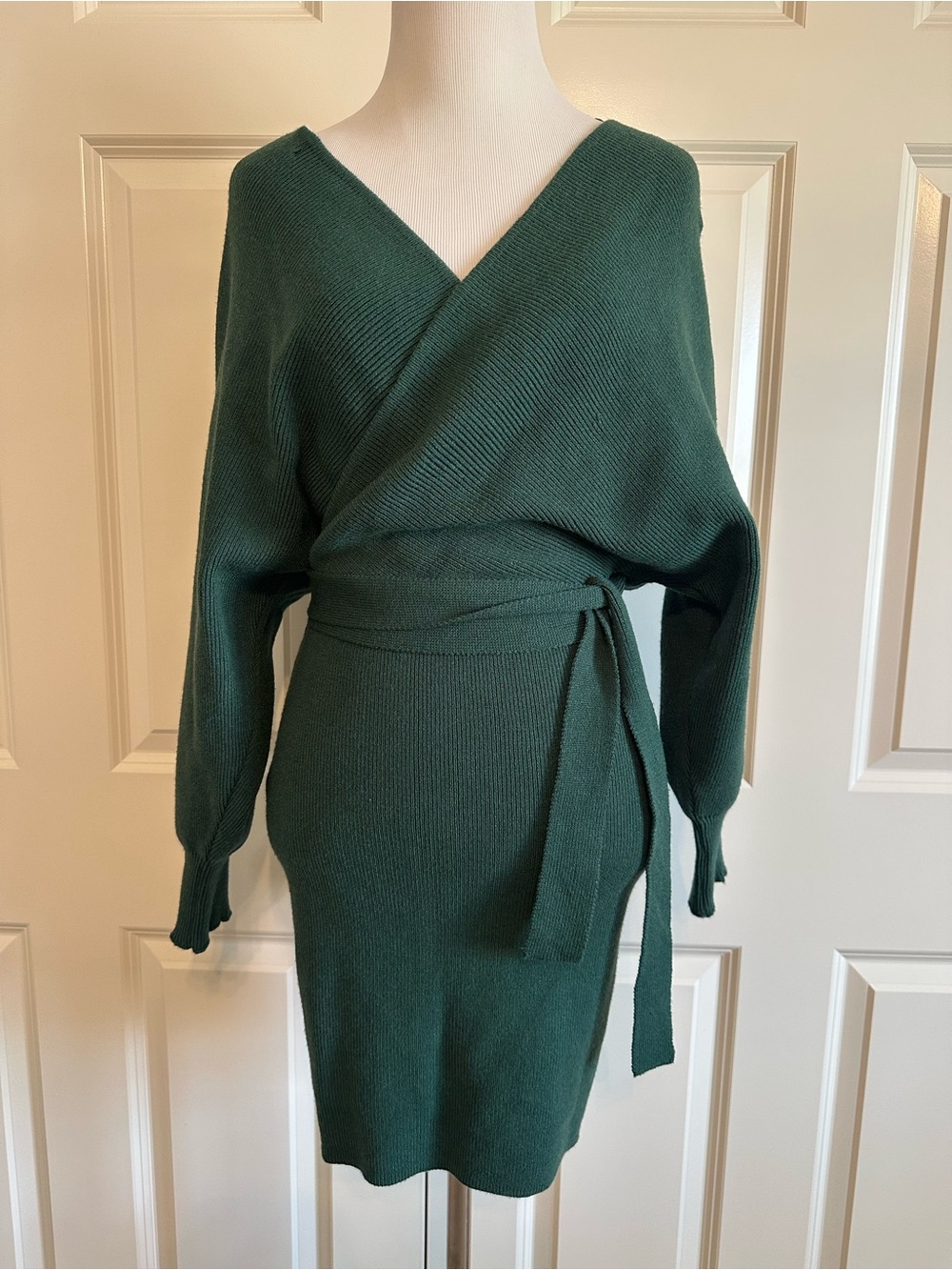 Wrap Sweater Knit Belted Dress in Forest Green